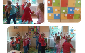 Uczniowie klasy 1b w tańcu oraz półeczki ozdobione emotikonkami