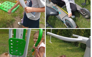 Uczniowie mierzą hulajnogę, siedzenie sprzętu siłowni zewnętrznej oraz zapisują wyniki na kartkach
